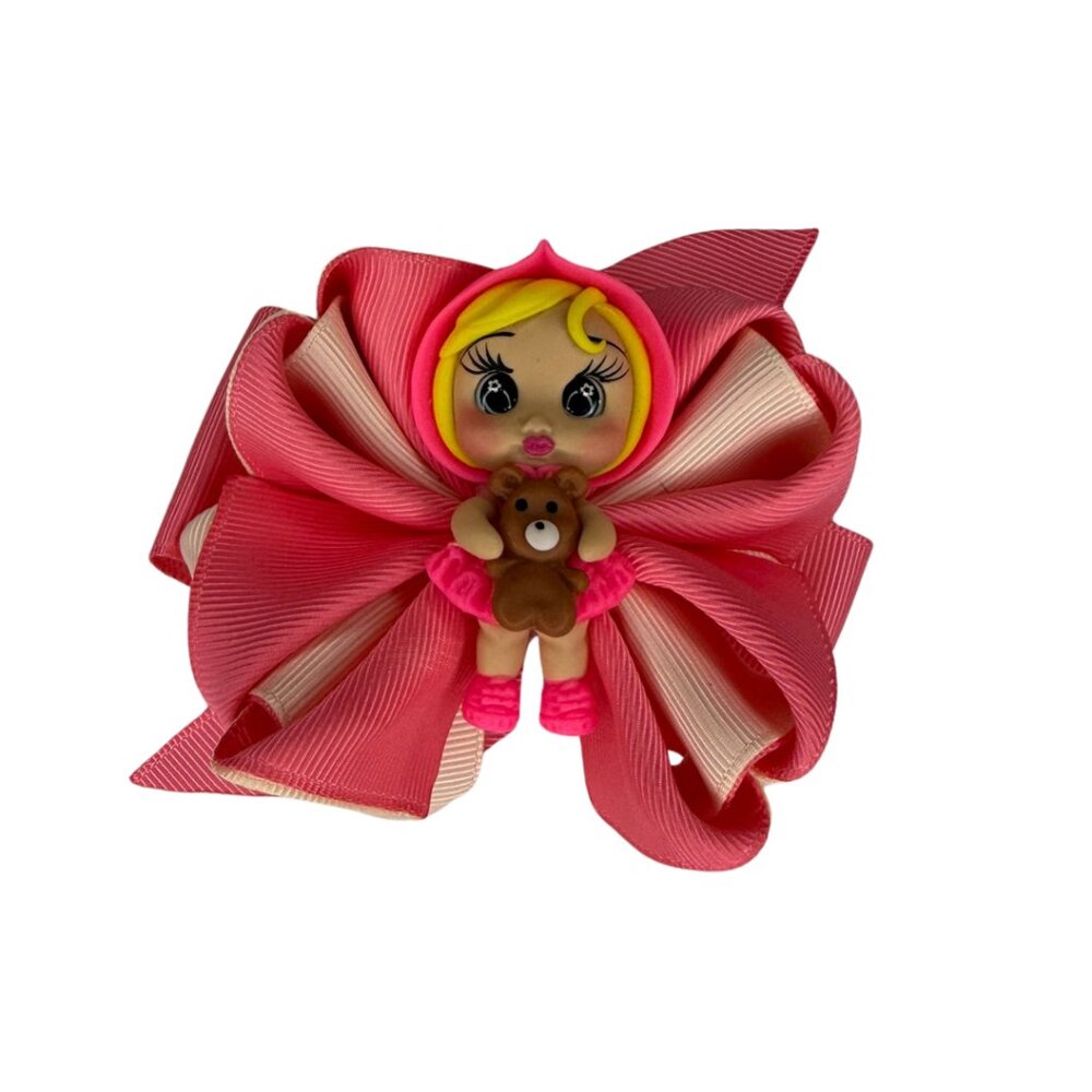 Cute Pink Doll Hair Bow with Teddy Bear Charm